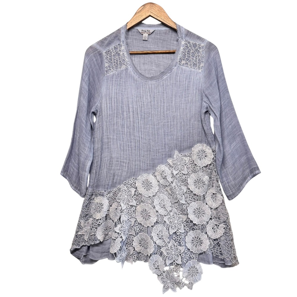 Women S Tunic Top Blue Floral Lace Asymmetrical Gauze Boho 3/4 Sleeve‎ Feminine